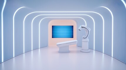 Poster - Futuristic Medical Setting with Robotic Arm and Monitor in Sleek, Modern Design Environment