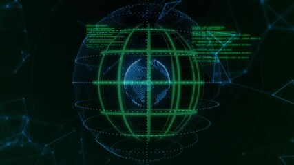 Aufkleber - Sphere appearing in dark void, grid enveloping it, rings spiraling and code scrolling showing data