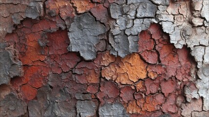 Aufkleber - Intricate layers of bark showcase a harmonious blend of reds, grays, and browns. The cracks and texture reveal the tree's natural aging process in a wooded environment