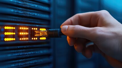 Poster - Close-Up View of a Hand Connecting Network Cable to Server Ports with Glowing LEDs in a Data Center