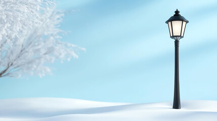 Poster - A serene winter scene featuring a lamp post amidst snow-covered ground and a frosty tree against a clear blue sky.
