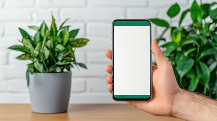 Poster - Hand Holding Smartphone with Empty Screen in Front of Houseplant on Wooden Table Against White Brick Wall