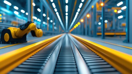 Poster - Industrial Automation Setting with Robotic Arm and Rail System in Modern Factory Environment