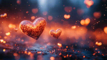 Poster - A stunning visual of sparkling hearts glowing against a dark background, symbolizing love and connection in an enchanting atmosphere.