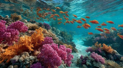 Poster - Lush coral formations display vivid colors under crystal-clear water while schools of bright orange fish swim gracefully among the reefs during daylight hours