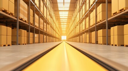 Poster - Logistics Warehouse Interior with Stacked Boxes and Illuminated Aisle Perspective Leading to Exit