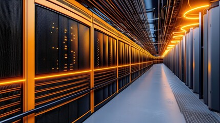 Poster - Futuristic Data Center Corridor with Neon Orange Lights and High-Tech Server Racks in a Modern Facility