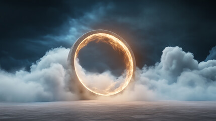 Poster - An ethereal glowing ring emerges from swirling clouds, creating a mystical atmosphere in the vastness of the sky.