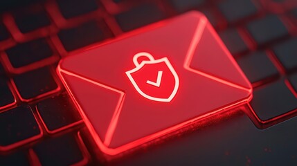 Poster - Secure Email Concept with Red Neon Envelope and Lock Icon on Modern Keyboard Background