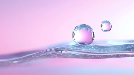 Poster - Delicate water droplets rest on a serene surface, reflecting soft pastel colors, creating a calming and tranquil visual effect.