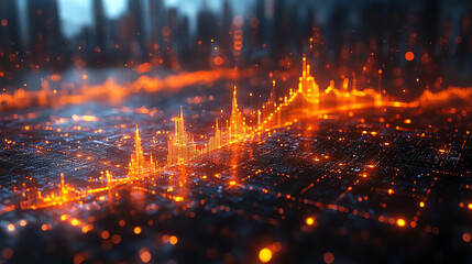 Aufkleber - Dynamic data visualization with vibrant orange lines representing fluctuating statistics on a digital network background.