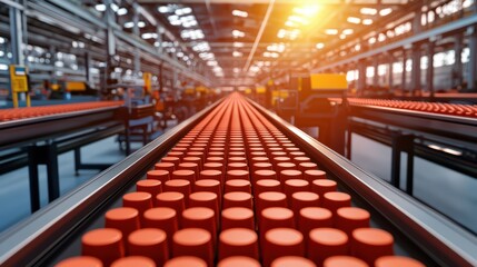 Poster - Industrial Production Line with Orange Cylinders on Conveyor Belt in Manufacturing Facility with Modern Equipment