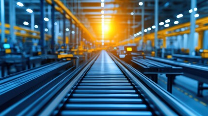 Poster - Industrial Conveyor Belt in Modern Manufacturing Facility with Bright Lighting and Advanced Technology