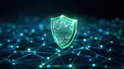 Aufkleber - Digital shield icon representing cybersecurity on a network of glowing connections.