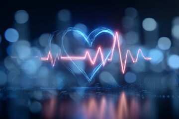Poster - Neon Heart Outline with Vivid Heartbeat on a Soft, Bokeh Blue Background and Digital Elements