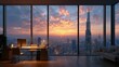 © Haowei - Modern office with floor-to-ceiling windows overlooking city skyline at vibrant sunset, elegant desk and computer setup symbolizing urban sophistication and creative work ambiance. Vector scene for bu
