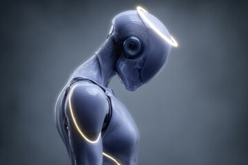Poster - Mysterious Artificial Intelligence: a futuristic, serene, robotic figure, adorned with glowing lines, evokes introspection and silent contemplation. The figure seems deep in thought.