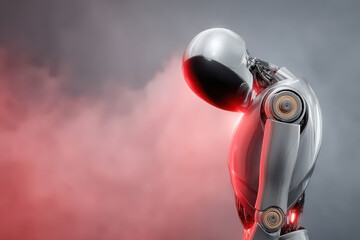 Poster - Melancholy Automaton: A solitary metallic robot, embodying the weight of contemplation in a dramatic composition. The scene is dominated by a subtle grey, punctuated with streaks of radiant red.