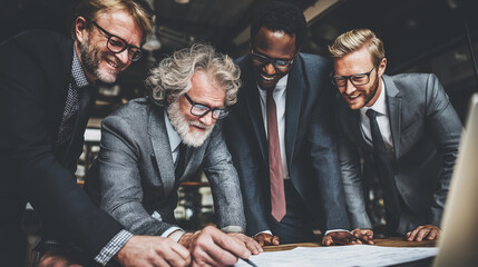 Aufkleber - In a modern office, diverse business professionals engage in a collaborative strategy session. Their focus is on developing innovative solutions while sharing ideas and insights