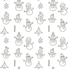 Poster - Seamless winter pattern with snowmen christmas trees stars holiday background for fabric and textile design editable stock vector illustration