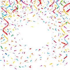 Celebration confetti background, vector, congratulations confetti, isolated on white, colorful confetti explosion, streamers, clipart for Carnival, Holiday, Christmas, New year, sale, birthday, party