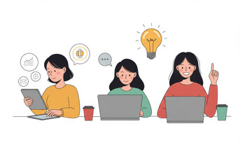 Wall Mural - illustration of three women working on laptops with icons and lightbulb isolated on white background