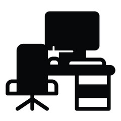 Fototapete - Desk with chair and desktop solid icon, remote work concept. Vector graphics. Personal workplace with computer sign on white background, style mobile or design.