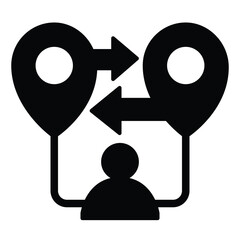 Poster - User with map distance solid icon, remote work concept. Vector graphics. Location pins, arrows and user sign on white background, style mobile or design.