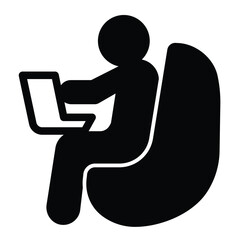 Fototapete - Man with laptop and chair solid icon, remote work concept. Vector graphics. Human sitting on easy chair sign on white background, style mobile or design.