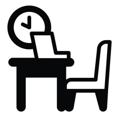 Fototapete - Table with chair and laptop solid icon, remote work concept. Vector graphics. Personal workplace with computer and clock sign on white background, style mobile or design.