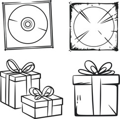 Poster - Line art drawing of cd dvd disc and gift present box with bow vector illustration design concept editable stock vector illustration