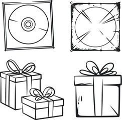 Poster - Line art drawing of cd dvd disc and gift present box with bow vector illustration design concept editable stock vector illustration