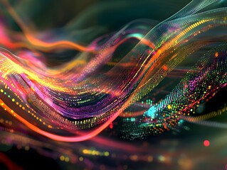 Fototapete - A digital art representation of computer code flowing on the screen, with colorful lines and data points representing the complex nature of software development.