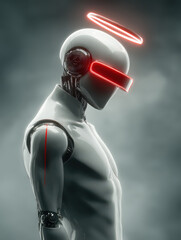 Poster - Cybernetic Angel: A futuristic, sleek cyborg figure with a halo of light, embodying a blend of technology and ethereal grace, set against a subdued, atmospheric backdrop.