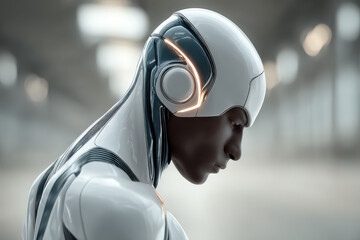 Poster - Cybernetic Sentinel: A futuristic android with sleek, glowing accents, a contemplative expression, standing as a symbol of technological advancement.