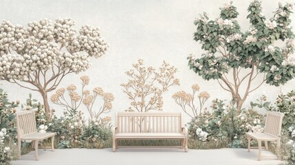 Fototapete - Serene garden scene with two light-wood benches flanking a central bench, set against a textured wall adorned with stylized flowering trees and shrubs in muted pastel tones