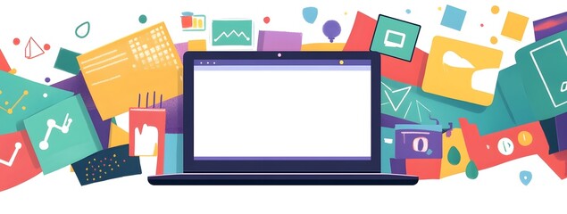 Poster - A laptop with a white screen surrounded by colorful tech icons and symbols representing digital marketing, online advertising,