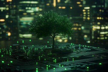 Poster - A tree growing on top of an electronic circuit board, with green glowing leaves and roots forming the shape of intricate designs. 