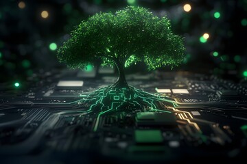 Poster - A tree growing on top of an electronic circuit board, with green glowing leaves and roots forming the shape of intricate designs. 