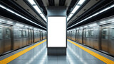 Blank advertising billboard in a subway station with moving trains and modern design