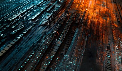 Fototapete - Abstract background with a digital circuit board and binary code. High-tech technology concept. Digital rendering of computer chips, data transfer,