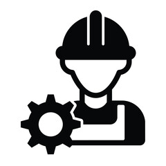 Poster - Builder man and cogwheel solid icon, repair service concept. Vector graphics. Engineer gear, human with hat sign on white background, style mobile or design.