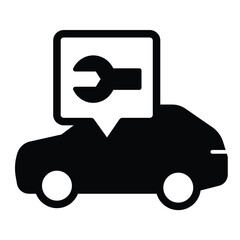 Poster - Car vehicle with wrench popup window solid icon, repair service concept. Vector graphics. Automobile mechanic message sign on white background, style mobile or design.