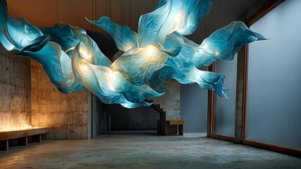 Poster - Modern chandelier installation with glowing, flower-like forms suspended in a minimalistic room with wooden flooring
