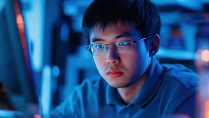 Poster - Focused man working late in tech-lit office