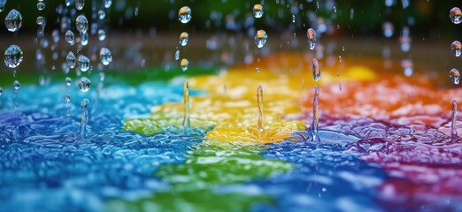 Poster - Colorful water droplets splashing on vibrant rainbow surface creating mesmerizing patterns
