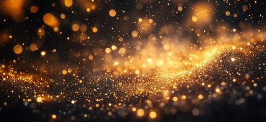 Poster - Golden glittering particles creating a magical bokeh effect in dark background