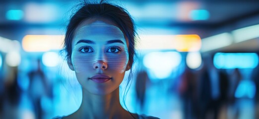 Poster - Portrait of young woman with digital facial overlay in futuristic urban environment