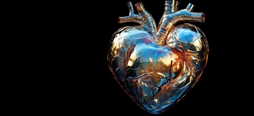 Poster - 3D rendered metallic heart with intricate veins and arteries on black background