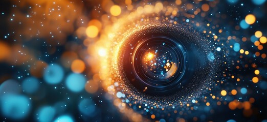 Poster - Cosmic lens effect with vibrant bokeh and sparkling particles in deep space